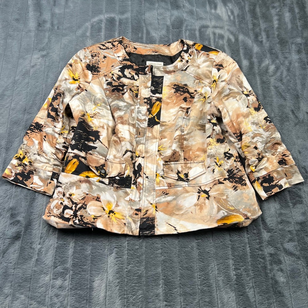 Coldwater Creek Floral Zip Front Jacket Tan Black Yellow W18 4001796